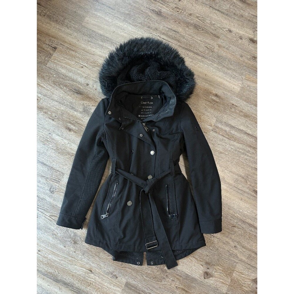 Calvin Klein Softshell Coat Womens Large Hood Black Long Double Breasted Belt